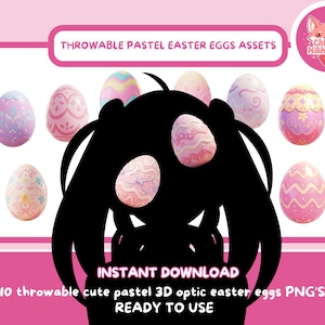 Könnte beinhalten: Zehn pastellfarbene 3D-Ostereier mit verschiedenen Mustern, darunter Wirbel, Punkte und Blumenmuster. Die Eier sind in einem Halbkreis auf einem rosa Hintergrund angeordnet. Der Text "THROWABLE PASTEL EASTER EGGS ASSETS" befindet sich oben im Bild. Der Text "INSTANT DOWNLOAD" befindet sich in der Mitte des Bildes. Der Text "10 throwable cute pastel 3D optic easter eggs PNG'S READY TO USE" befindet sich unten im Bild.