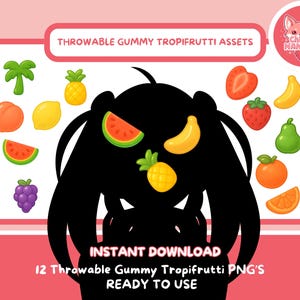 Peut inclure: Graphique numérique avec 12 PNG de fruits en bonbons gélifiés, dont un ananas, une fraise, une banane et une orange. Le texte "THROWABLE GUMMY TROPIFRUTTI ASSETS" et "INSTANT DOWNLOAD" est affiché sur un fond rose.