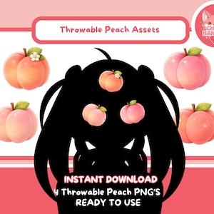 Könnte beinhalten: Digitale Illustration verschiedener Pfirsich-Assets. Das Bild zeigt verschiedene Pfirsich-Illustrationen mit grünen Blättern und einigen mit kleinen weißen Blüten. Der Text lautet "Throwables Peach Assets" und "Instant Download 4 Throwables Peach PNG's Ready to Use."