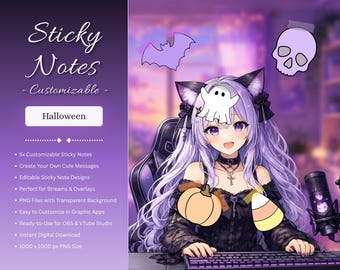 Customizable Sticky Note Set Halloween – Kawaii VTube Studio Asset – VTuber & PNGTuber Stream Decoration – OBS and Twitch Overlay Element