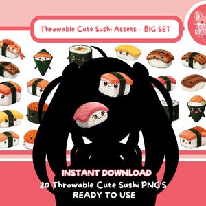 Objets mignons à lancer de sushis – Grand ensemble – PNG pour VTubers – Superposition de snacks kawaii – Compatible avec T.I.T.S. et les programmes de lancer