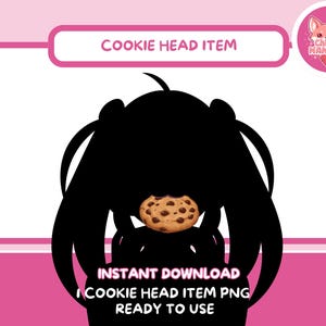 May include: A black and white digital illustration of a person with long black hair wearing a cookie head item. The cookie is a chocolate chip cookie with a brown background and white chocolate chips. The text "INSTANT DOWNLOAD | COOKIE HEAD ITEM PNG | READY TO USE" is below the image.
