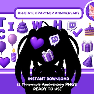 Könnte beinhalten: Ein digitales Grafikdesign in Lila mit Symbolen wie Ballons, Herzen, Kuchen und Geschenkboxen. Text enthält "AFFILIATE & PARTNER ANNIVERSARY" und "INSTANT DOWNLOAD". Das Bild ist für die digitale Nutzung bestimmt.