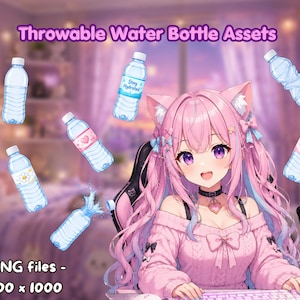 May include: Digital artwork showing a pink-haired anime character with cat ears, alongside several water bottles. The bottles display different designs and the text "Stay Hydrated". The image also includes the text "Throwable Water Bottle Assets" and "9 PNG files - 1000 x 1000".