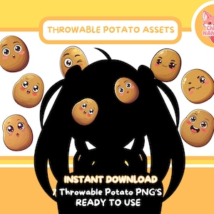 May include: A set of 7 cartoon potato illustrations with different facial expressions. The potatoes are brown with white eyes and pink cheeks. The text "THROWABLE POTATO ASSETS" is at the top of the image. The text "INSTANT DOWNLOAD 7 Throwaway Potato PNG's READY TO USE" is at the bottom of the image.