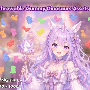 Gummy Dinosaur Throwing Items Set – Pastel PNG for VTubers – Candy Overlay – Compatible with T.I.T.S. & other throwing programs