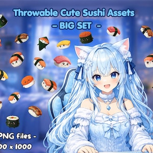 Leuke sushi-gooi-items – Grote set – PNG voor VTubers – Kawaii snack-overlay – Compatibel met T.I.T.S. en gooi-programma's