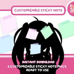 Peut inclure: Trois notes adhésives PNG personnalisables, prêtes à l'emploi. Les notes sont en rose, bleu et vert. Les notes sont sur un fond blanc avec une bordure rose.