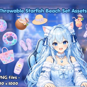May include: A digital asset collection titled Throwable Starfish Beach Set Assets featuring 12 PNG files at 1000 x 1000 pixels. The set includes a beach ball, coconut drink, sun hat, swim ring, flip-flops, tote bag, sunscreen, fan, and sunglasses.