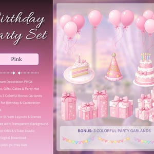 Pink Party Set – Single Color Party Set | VTuber & Stream Decorations for Birthday + Celebrations | Digital Download