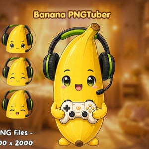 Könnte beinhalten: Eine gelbe Bananenfigur mit schwarzem und grünem Gaming-Headset inklusive Mikrofon, die einen weißen Gamecontroller hält. Das Bild enthält drei kleinere kreisförmige Versionen der Figur und den Text Banana PNGTuber 4 PNG files 2000 x 2000.