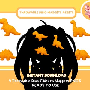 Könnte beinhalten: Illustration mit sechs orangefarbenen, dinosaurierförmigen Chicken Nuggets. Das Bild enthält den Text "THROWABLE DINO NUGGETS ASSETS" und "INSTANT DOWNLOAD 4 Throwable Dino Chicken Nuggets PNG'S READY TO USE". Ein Cartoon-Fuchs-Logo befindet sich in der oberen rechten Ecke.