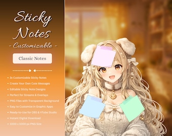 Set di note adesive personalizzabili 1 (rosa, verde e blu) – Risorsa Kawaii VTube Studio – Decorazione streaming VTuber e PNGTuber