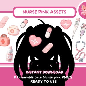 Puede incluir: Una ilustración digital titulada "Nurse Pink Assets" con iconos médicos en rosa y blanco. Incluye un gorro de enfermera, vendas, un estetoscopio, un termómetro, una jeringa y un corazón con una línea de latido. También está presente el texto "INSTANT DOWNLOAD".