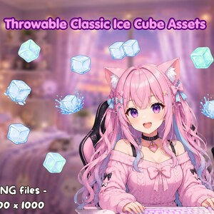 Könnte beinhalten: Ein digitales Grafikset mit dem Titel Throwable Classic Ice Cube Assets, das eine Anime-Figur mit rosa Haaren und Katzenohren zeigt, umgeben von schwebenden hellblauen Eiswürfeln und Wasserspritzern, inklusive 7 PNG-Dateien in 1000 x 1000.
