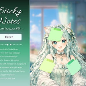 Customizable Sticky Note Set 4 (Light Green, Medium Green, Lemon) – Kawaii VTube Studio Asset – VTuber & PNGTuber Stream Decoration