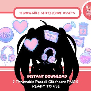 May include: Digital graphic of pastel glitchcore assets, including hearts, headphones, and error message windows. The image has a pink and blue colour scheme with the text "THROWABLE GLITCHCORE ASSETS" and "INSTANT DOWNLOAD".