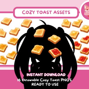 Könnte beinhalten: Eine rosa Grafik mit dem Text "COZY TOAST ASSETS" und "INSTANT DOWNLOAD". Das Bild zeigt Illustrationen von Toast mit Butter und Marmelade. Eine schwarze Silhouette einer Figur befindet sich im Vordergrund.