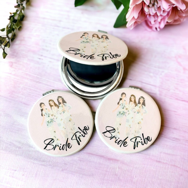 Bride Tribe Compact Mirror with image of three girls dressed in bohemian style attire.