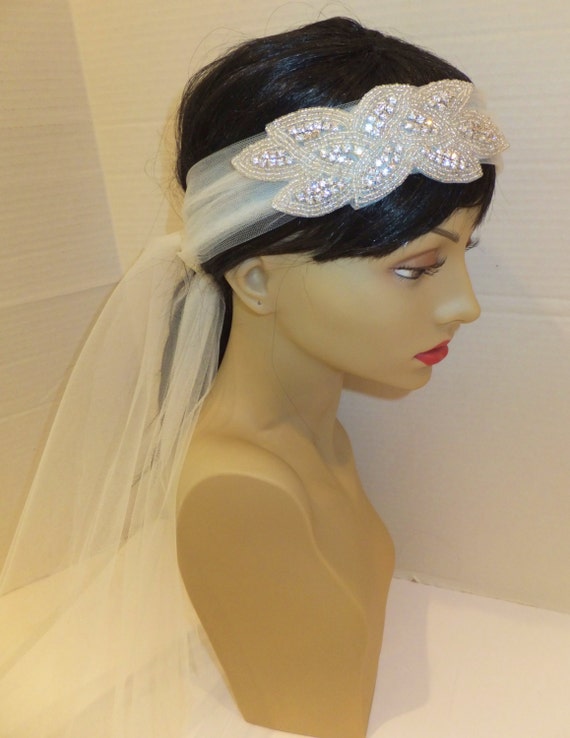 Tulle Rhinestone Headband Bridal Headband DANA Flapper | Etsy