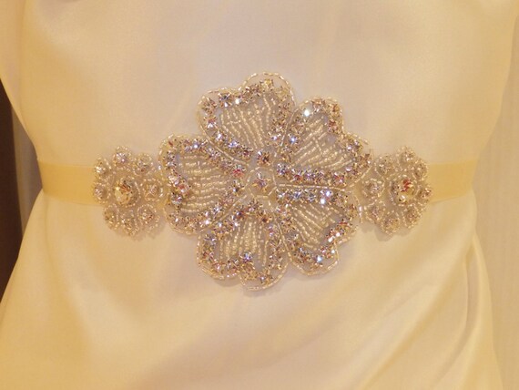 Items similar to Bridal Rhinestone Flower Sash, Bridal Sash, EMILY ...