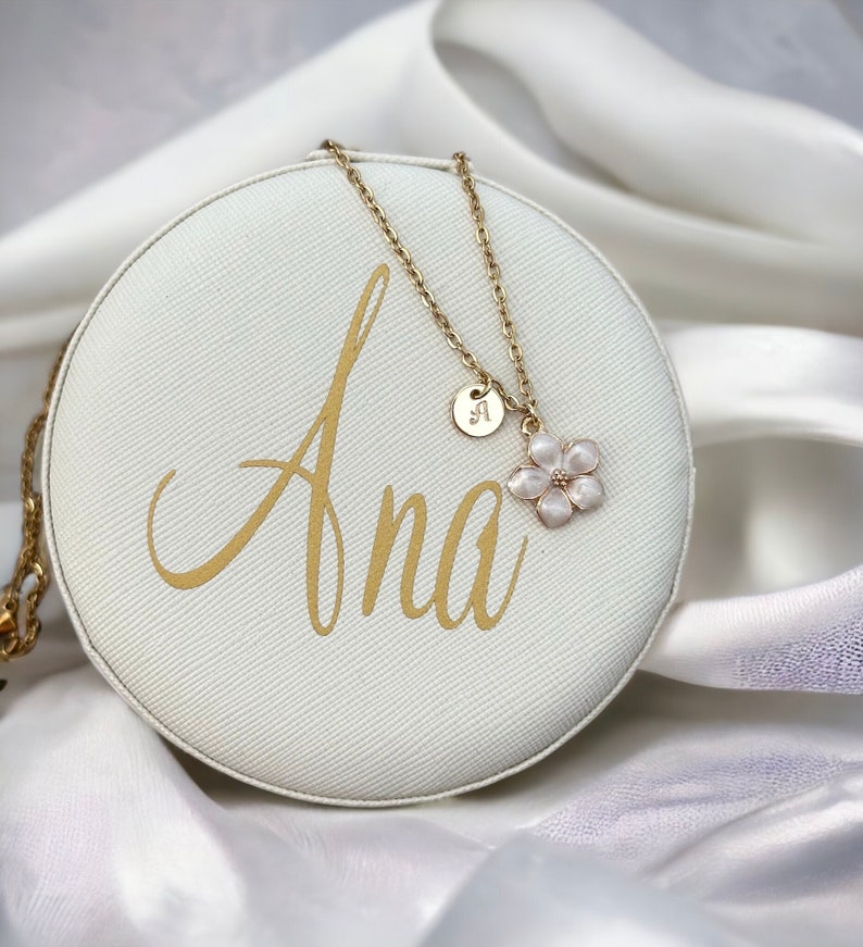 Personalized Jewelry Travel Case and Necklace Set, Bridesmaid Proposal Gift Set, Gold Monogramed Necklace, Bridal Party Thank you Gift image 1