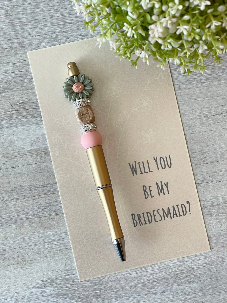 Bridesmaid Proposal Gift, Custom Bridal Pen, Wedding Guest Book Pen, Bridal Party Gift, Personalized Bridesmaid Gift, Floral Beaded Pen image 4