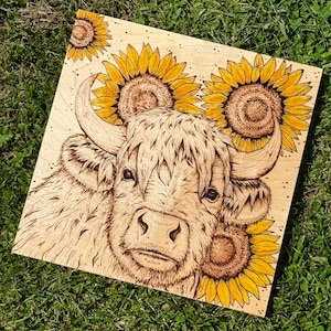 Highland Cow Sunflower Piece, Wood Burning Piece, Highland Cow Wooden Sign, Handmade Wooden Sign, Highland Cow Art, Highland Cow Decor