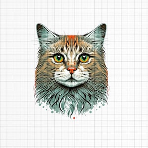 May include: A close-up of a cat's face. The cat has green eyes, a pink nose, and brown and orange fur. The cat's fur is fluffy and appears to be soft.