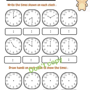May include: Educational worksheet titled "WHAT TIME IS IT?" featuring clocks for telling time. Includes instructions to write and draw times, with a cute cartoon bunny illustration. The worksheet has clocks with the times 9:20, 4:05, 2:10, and 3:35.