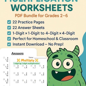 Könnte beinhalten: Ein PDF-Paket mit Multiplikationsarbeitsblättern für die Klassen 2-6. Das Cover zeigt den Text "ULTIMATE MULTIPLICATION WORKSHEETS" und ein grünes Cartoon-Monster. Enthält 22 Übungsseiten, 22 Antwortbögen und deckt 1- bis 4-stellige Probleme ab.