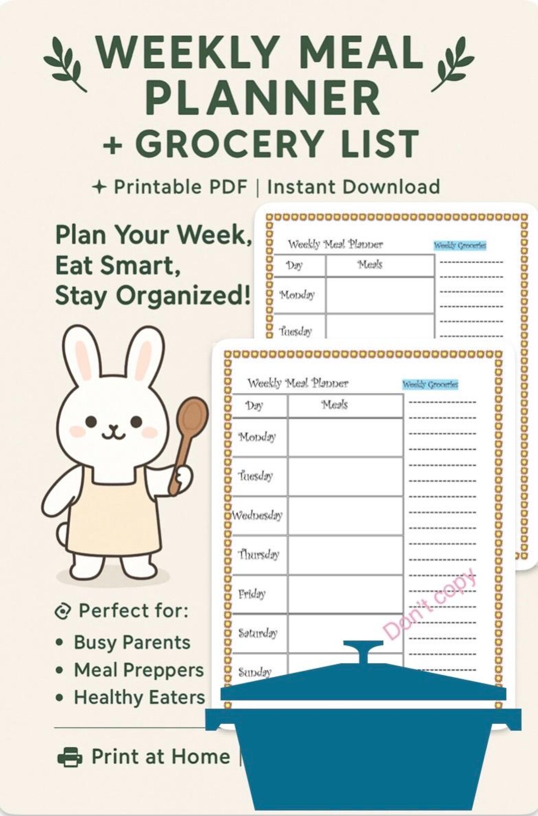 Printable Weekly Meal Planner With Weekly Groceries List in 1 Pdf ...