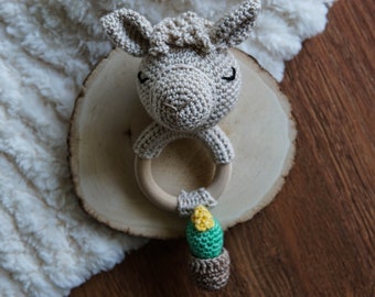 Llama Crochet Rattle - Wood teether toy