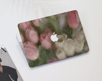 Dewy Pink & White Tulip Macbook Air Case | Hard Laptop Case for Macbook Air 11/13/15 Pro 13/14/15/16 2021 2022 2023 Cover | Laptop Sleeve