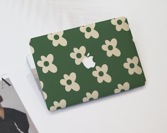 Green Simple White Flowers Macbook Air Case | Hard Laptop Case for Macbook Air 11/13/15 Pro 13/14/15/16 2021 2022 2023 Cover | Laptop Sleeve