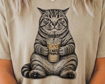 Grumpy Cat Coffee Shirt, Comfort Colors Hate People Tee, Funny Iced Coffee T-shirt, Retro Cat Lover Gift Shirt