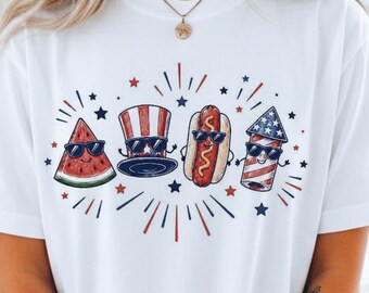 T-shirt patriotique couleurs confort du 4 juillet, chemise drôle de célébration d'été aux États-Unis, t-shirt mignon nourriture du 4 juillet, t-shirt rouge blanc bleu
