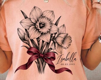 T-shirt Fleur de Naissance Mars, T-shirt Anniversaire Jonquille Personnalisé, T-shirt Anniversaire Mars Couleurs Confort, T-shirt Fleur avec Nom Personnalisé