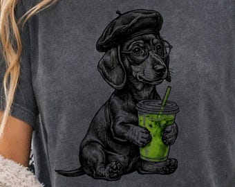 Dachshund Matcha Shirt, Comfort Colors Funny Doxie Tee, Retro Dog Beret T-shirt, Chic Dachie Glasses Shirt