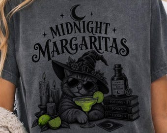 Midnight Margaritas Witch Cat Tee, Comfort Color Halloween Cat Shirt, Funny Witch Cat Tshirt, Margarita Lover Cat T-Shirt