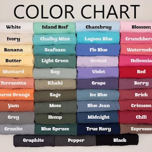 May include: A color chart displays a variety of fabric colors, including white, ivory, and banana. Other colors include island reef, chalky mint, and seafoam. The chart also shows colors like chambray, lagoon blue, and flo blue. The text "COLOR CHART" is at the top.