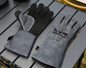 Personalized Leather BBQ Gloves – Heat Resistant up to Fireproof Grill & Oven Gloves, Outdoor Cooking, Custom Printed