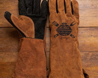 Personalized Heat-Resistant Split Cowhide Leather BBQ Gloves, Grilling Anti-Scald Cooking Gloves for BBQ Lover, Unique Gift for Chef Husband