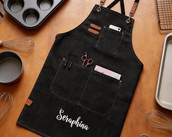 Personalized Embroidered Waterproof Canvas Apron — Oil-Resistant Stain-Resistant Kitchen Cooking & BBQ Grill Barbecue Work Apron