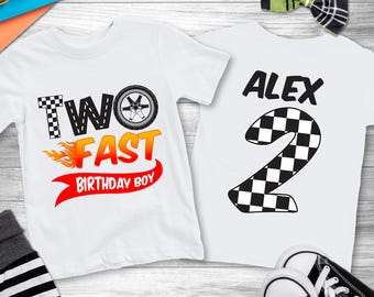 Two Fast, Boys 2nd Birthday Shirt, Racing Birthday, Personalized T-Shirt for Party, Matching Family Shirts, Boys Race Car T-Shirt, 2 Fast
