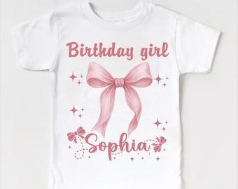 Personalized Birthday Girl Preppy Girls Shirt, Coquette Bow Bday Party Tee, Gift for Birthday Girl, Preppy Birthday Girlie Party T-Shirt