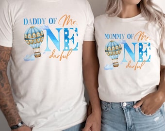 Mr ONEderful First Birthday Family Matching Shirts, Little Mr Onederful Outfit, Boy First Birthday Party Outfit, Blue Hot Air Balloon First