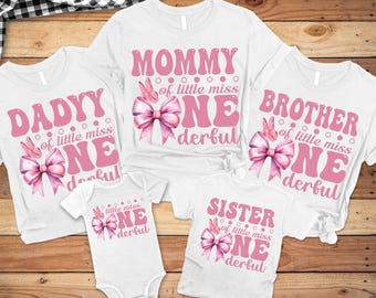 Little Miss Onederful Birthday Shirts Pink Bow 1st Birthday Coquette Bows Onederful First Birthday Family Match Shirts Isn't she Onederful
