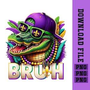 Puede incluir: Un cocodrilo verde con un sombrero morado, gafas de sol y un collar de cuentas. El cocodrilo sonríe y el texto "BRUH" está escrito debajo.