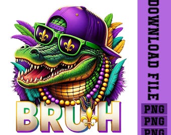 Mardi Gras Alligator png Purple n gold beads gator in shades and in cap png boys hunting sublimation image print files gator hunting png